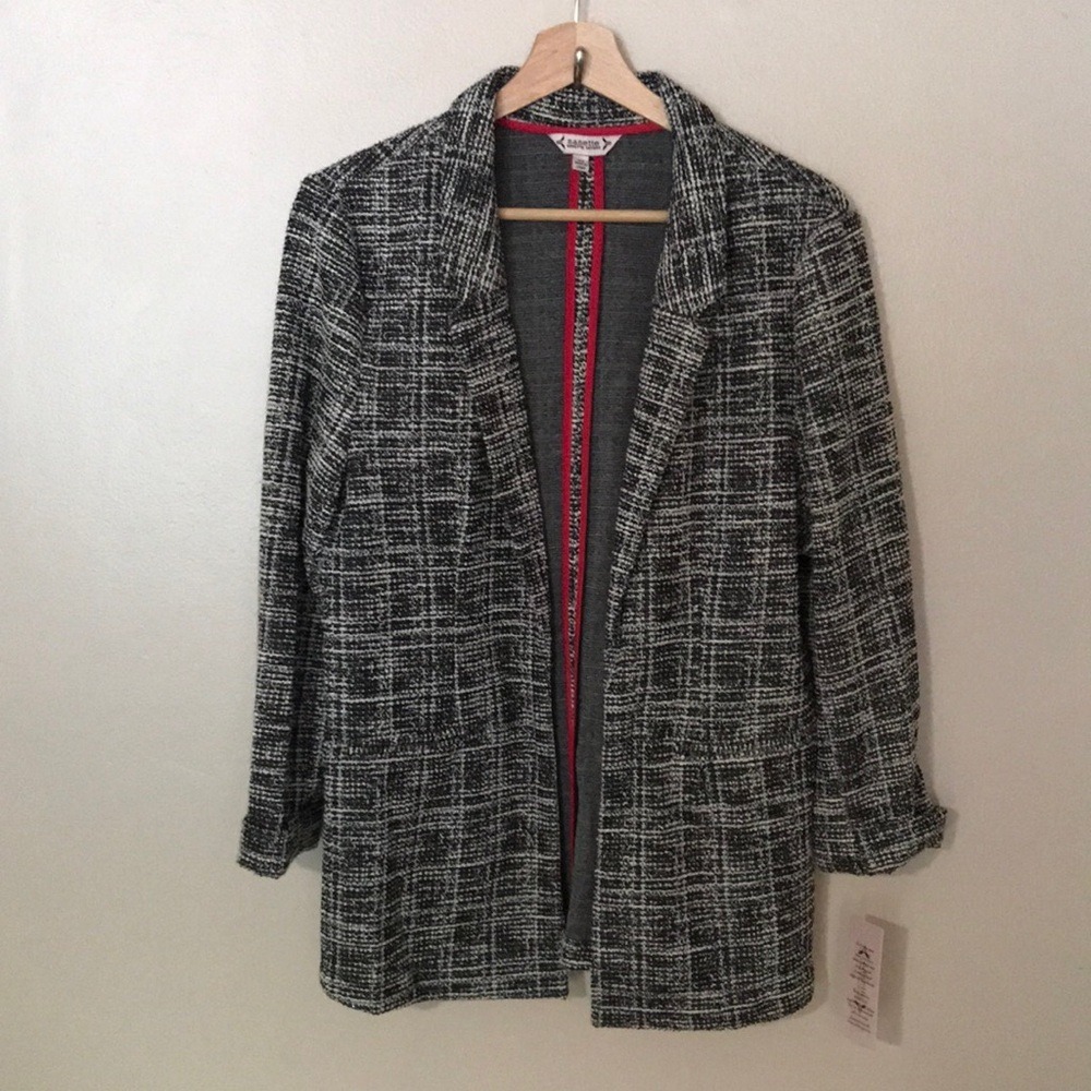 Nanette Lepore Women's XS Blazer‎ Black Ivory Tweed Metallic Open Front 7J152F1